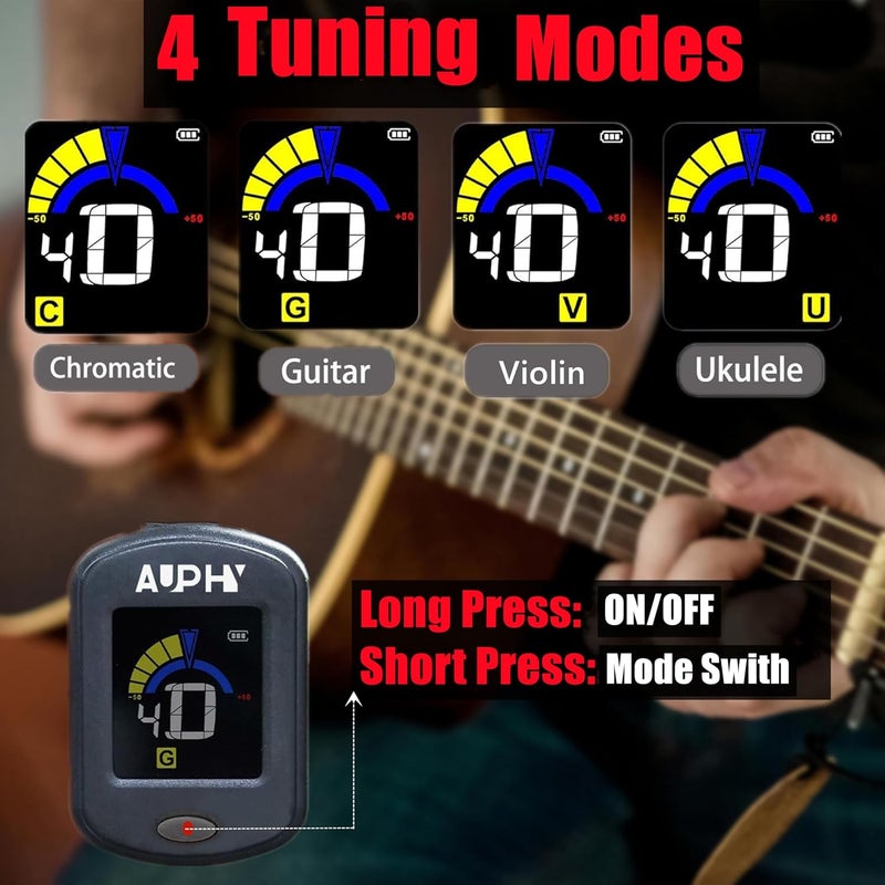 AUPHY Store Rechargeable Clip-On Tuner for Guitar, Ukulele, Violin - Chromatic Tuner for Bass, Banjo, Mandolin etc - 440Hz Fixed Standard Tuning with LED Display & Auto Shut Off(Type-C cable not included) - Image 4